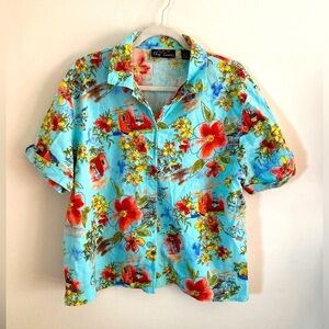 Vintage Oleg Cassini Women Floral Top Hawaiian Beach Art to Wear Linen Blend XL